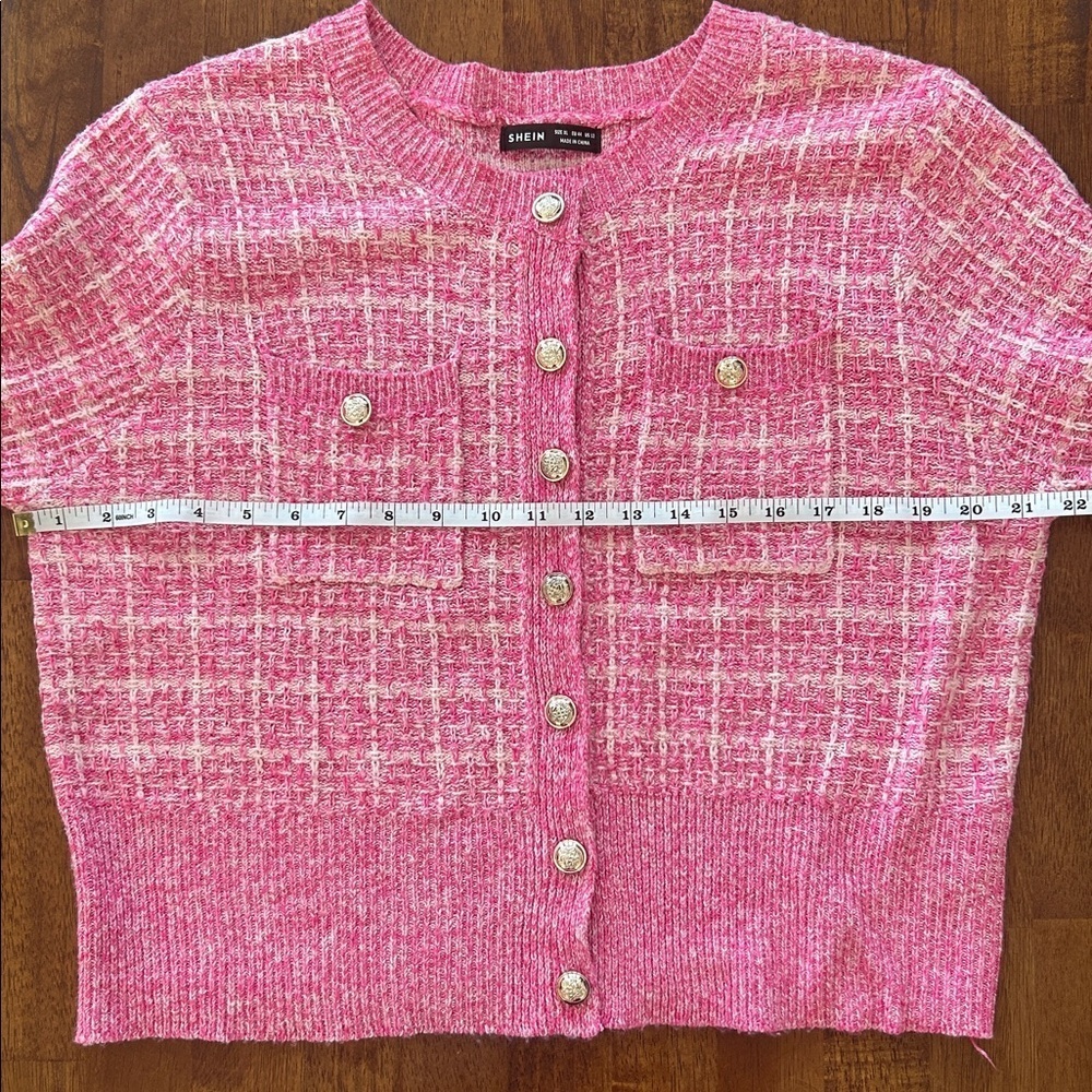 SHEIN women’s tweed knit style Chanel preppy pink cropped cardigan size XL - Picture 3 of 6